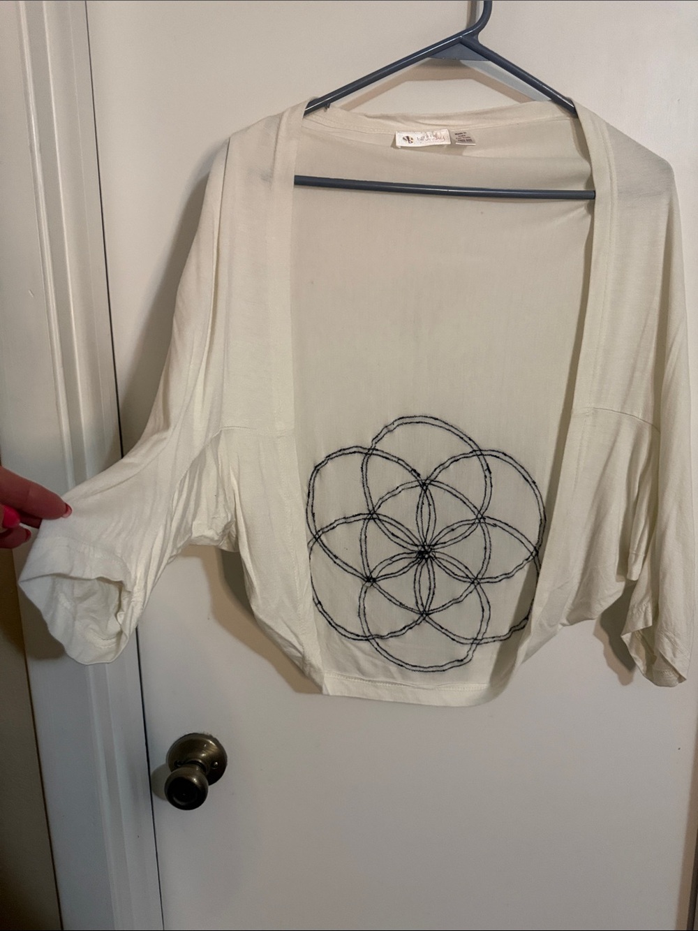 Blue Sky Cream Open-Front Cropped Cardigan with Black Embroidery